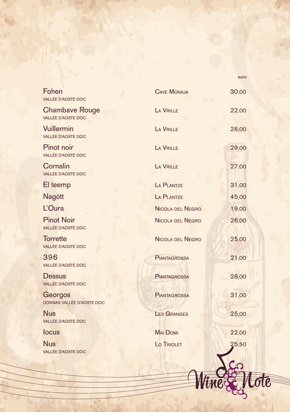 Wine note menu e vini A5-08