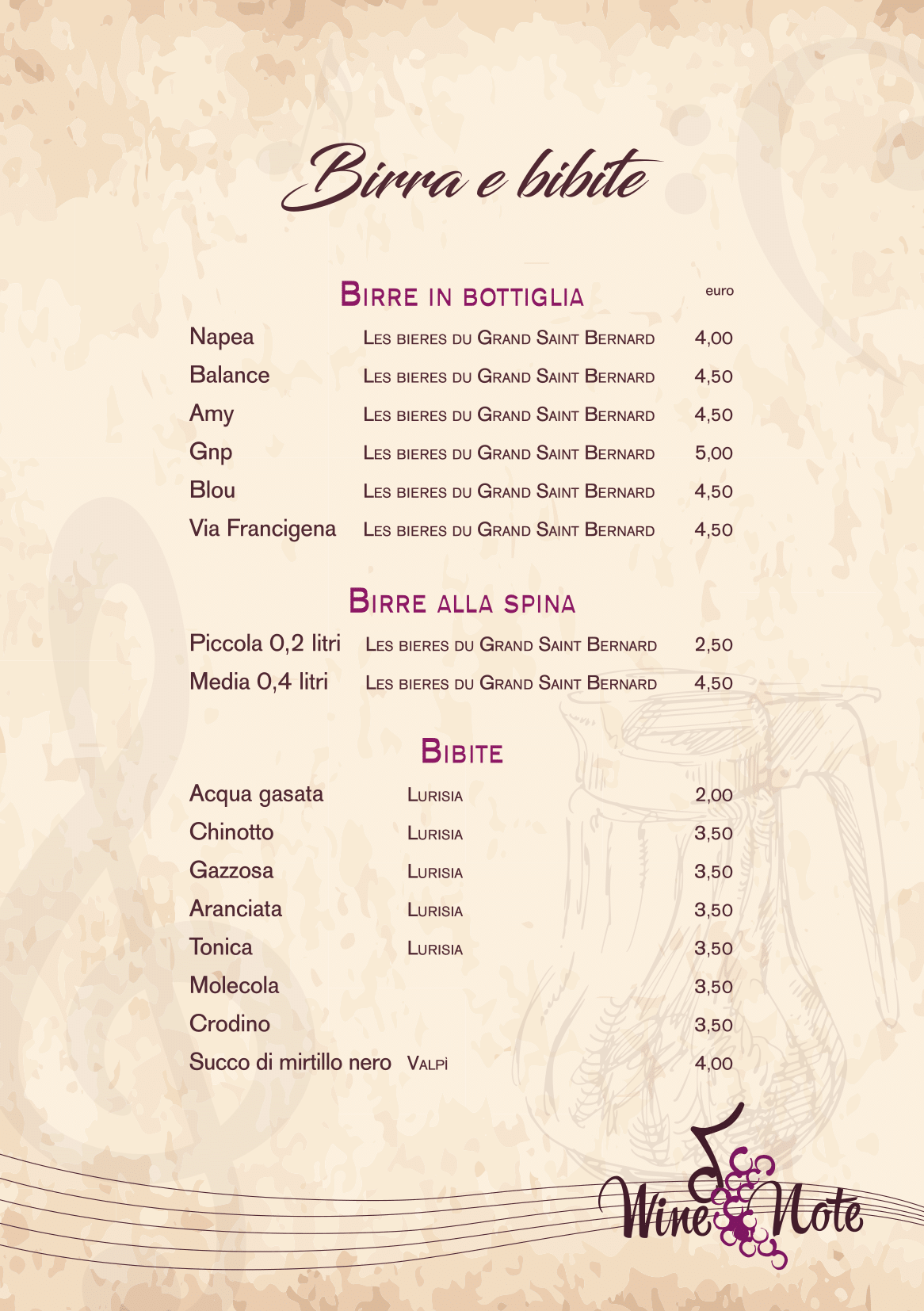 Wine note menu e vini A5-22